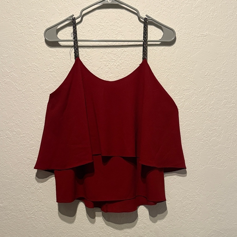 Elegant lovemarks Layered Camisole in Deep Red Beaded Straps M Sparkly Flowy Top